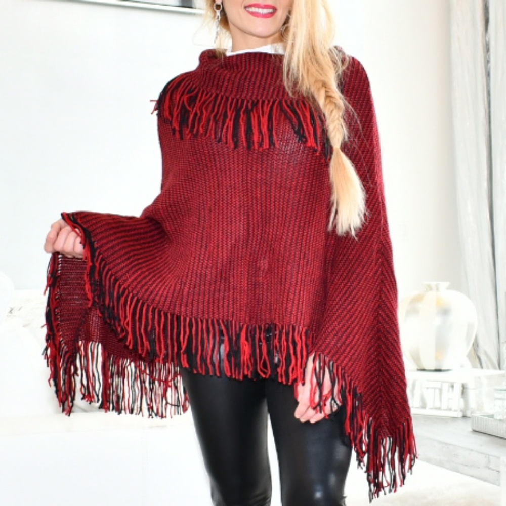 PONCHO BURGUNDYFRINGE DETAILED - Picture 2 of 4